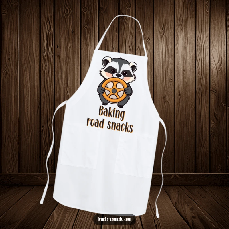 Funny badger apron, confidently gripping a pretzel steering wheel. A humorous and practical kitchen item.