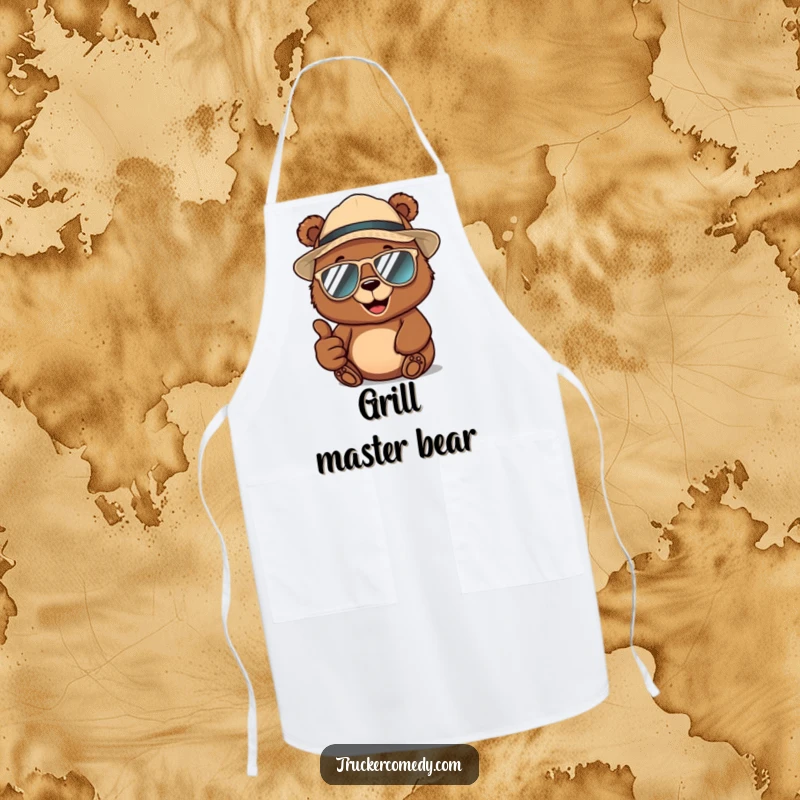 Funny brown bear wearing a trucker hat and aviator sunglasses, giving a thumbs-up, on a functional apron, bringing cool humor to the kitchen.