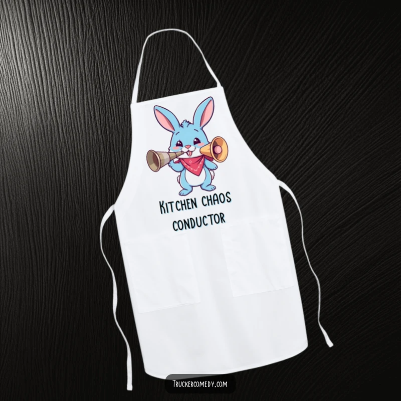 Funny blue bunny wearing a bandana, honking a comically large air horn on an apron, ideal for kitchen fun and messy chefs.