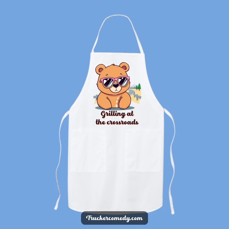 Funny Bear Chef Apron: Hilarious kitchen wear with sunglasses and road graphic, perfect funny gift.