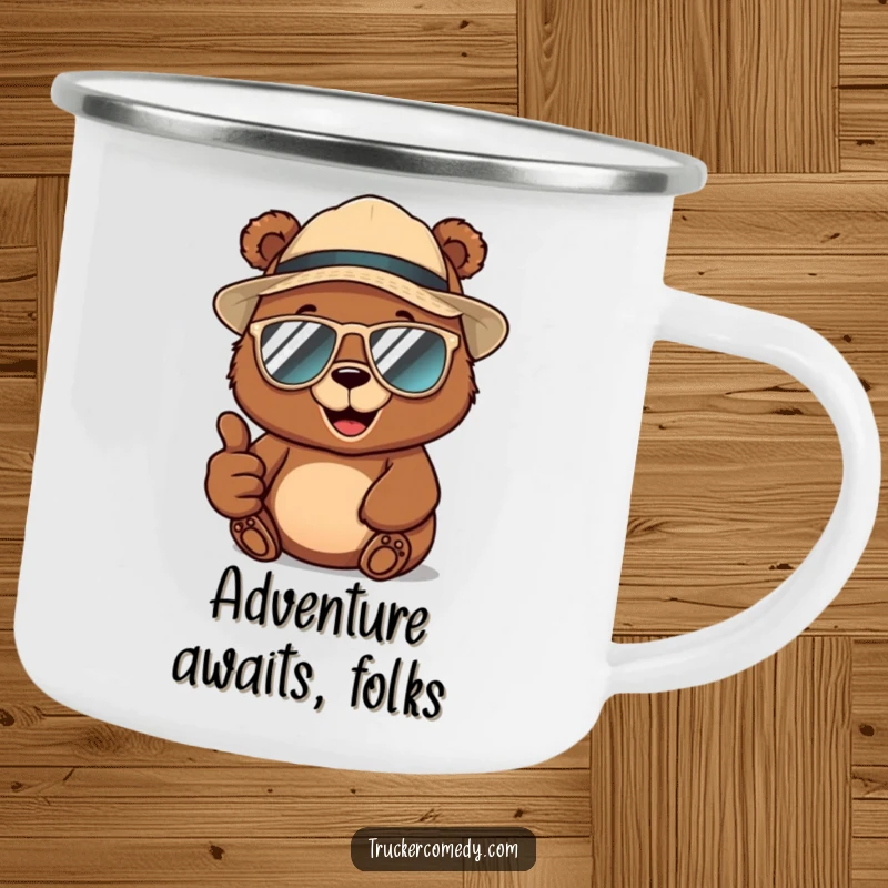 Funny brown bear wearing a trucker hat and aviator sunglasses, giving a thumbs-up, on a durable camping mug for outdoor adventures.