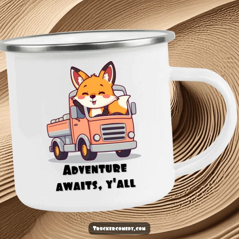 Funny fox camping mug, cheerfully waving from a colorful truck. Rugged and full of happy vibes.