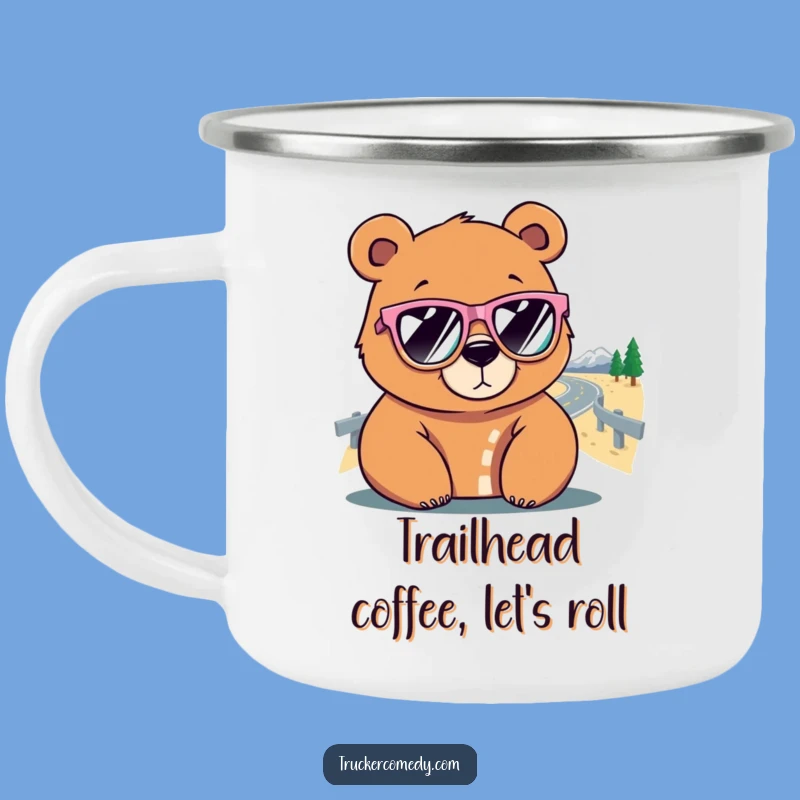 Funny Bear Camp Mug: Durable enamel mug with sunglasses and road graphic, perfect funny gift.