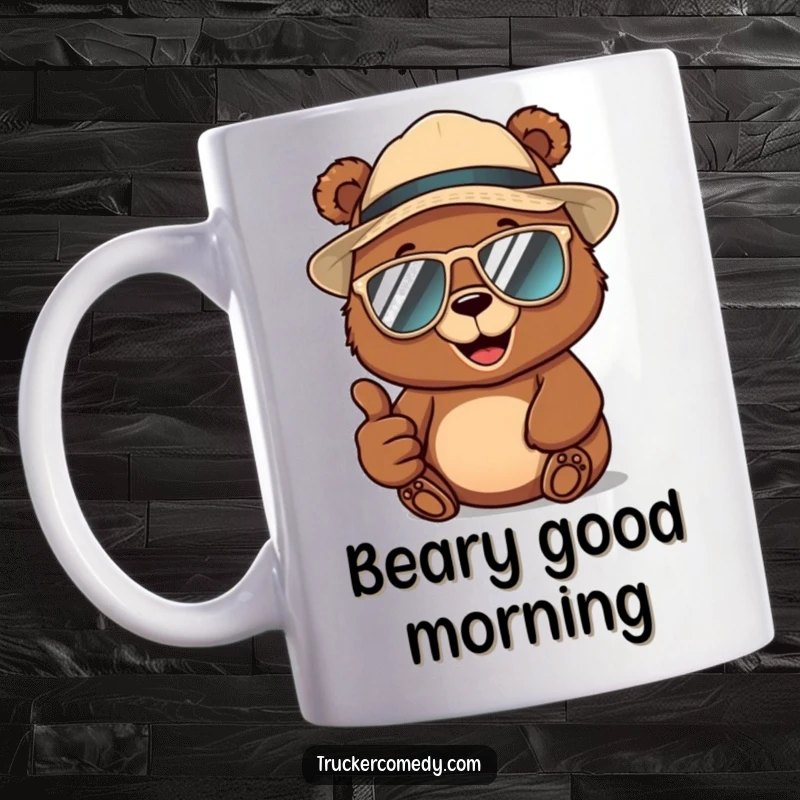 Funny brown bear wearing a trucker hat and aviator sunglasses, giving a thumbs-up, on a cheerful mug, exuding cool confidence.