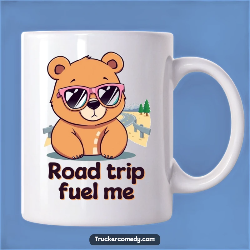 Funny Bear Road Trip Mug: Hilarious Sunglasses graphic, perfect funny gift for adventurers.