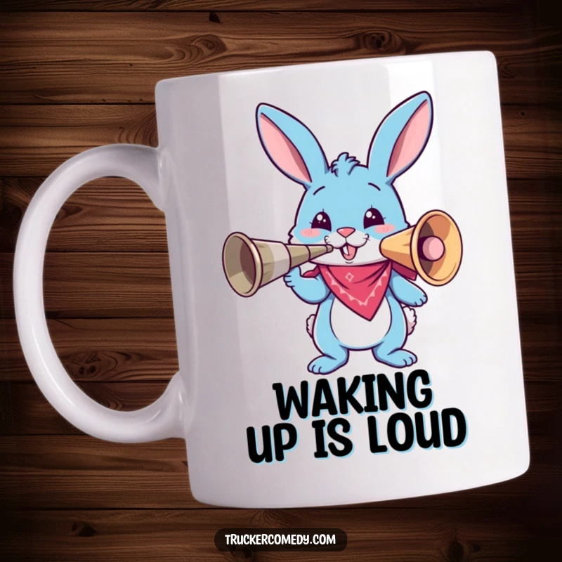 Funny blue bunny in bandana honking a giant air horn on a mug, expressing pure chaotic energy. A comical wake-up call.
