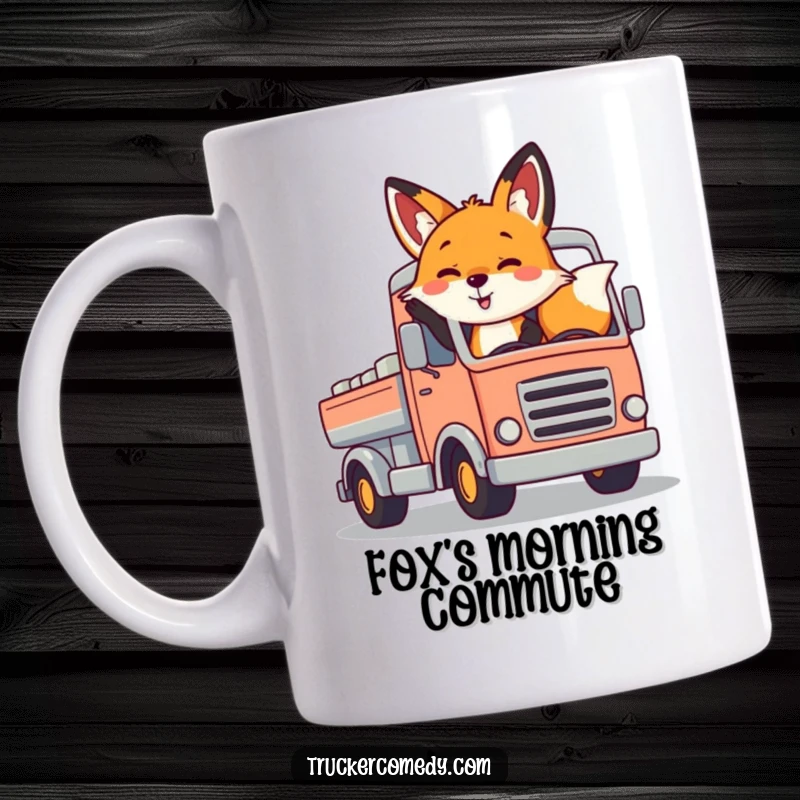 Funny fox mug, cheerfully waving from the cab of a stylized, colorful truck. A happy, adventurous scene.