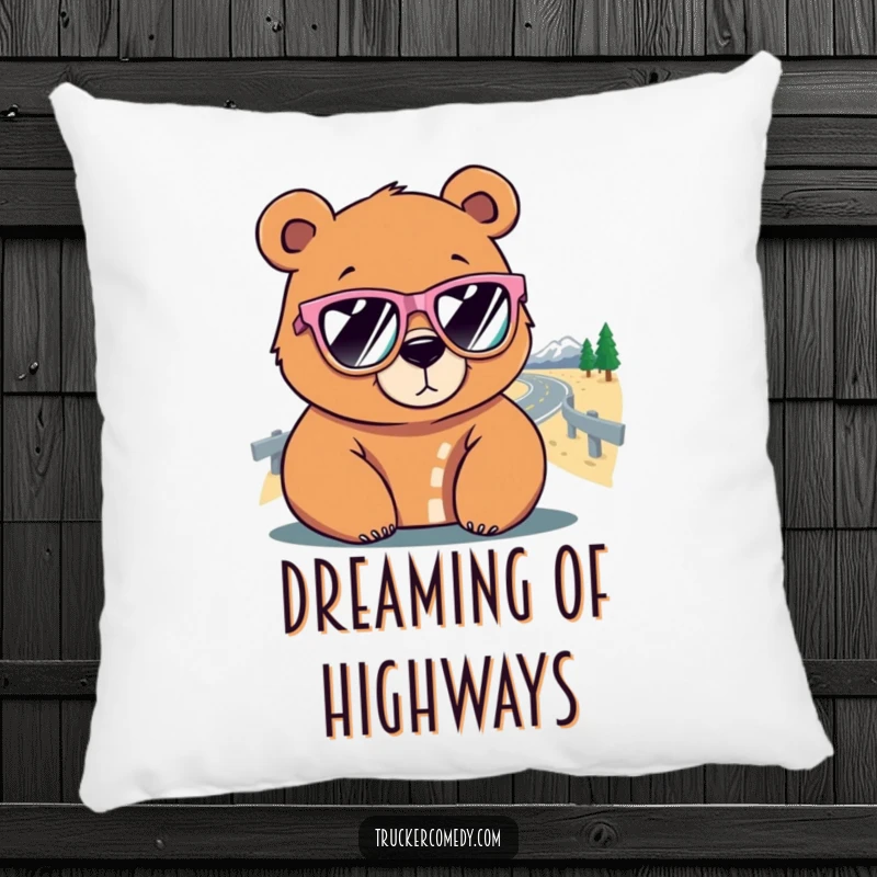 Funny Bear Pillow: A bear in oversized sunglasses looks at a winding road, a soft and humorous decorative item.