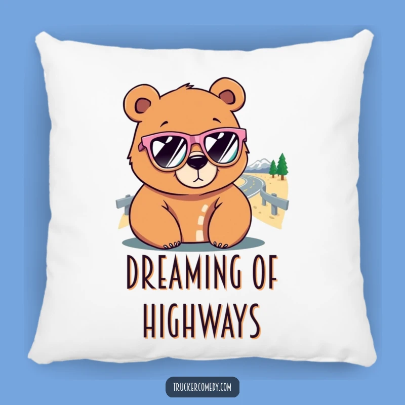 Funny Bear Road Trip Pillow: Soft cushion with cool sunglasses and road graphic, ideal funny gift.