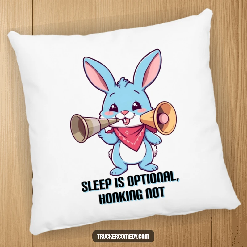Funny blue bunny in bandana honking a huge air horn on a soft pillow, bringing comfort and humor to any room.