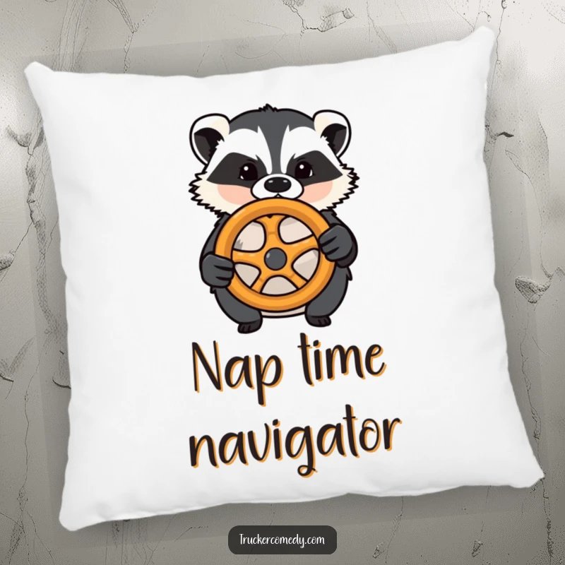 Funny badger pillow, confidently steering with a pretzel wheel. Soft, decorative, and humorously determined.