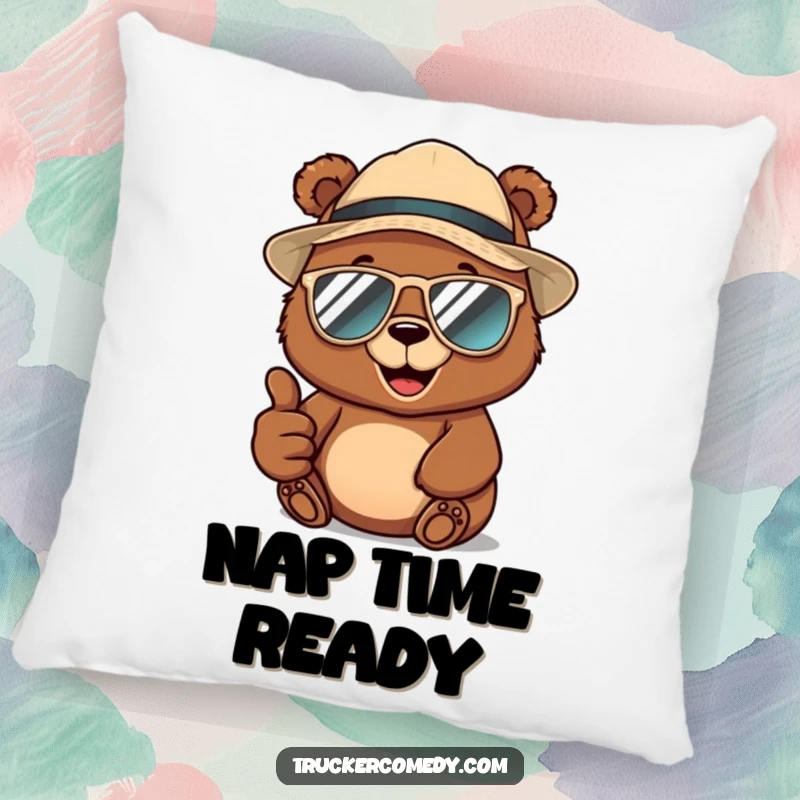 Funny brown bear wearing a trucker hat and aviator sunglasses, giving a thumbs-up, printed on a soft pillow for comfy, cool vibes.
