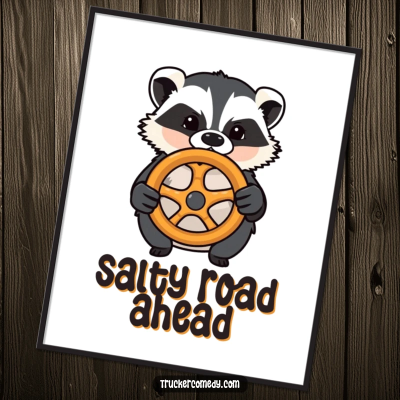 Funny badger digital art print, confidently gripping a pretzel steering wheel. High-res, humorous, and determined.