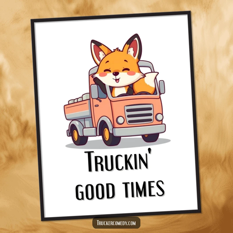 Funny fox digital art print, cheerfully waving from a stylized, colorful truck. High-res, cute, and humorous.