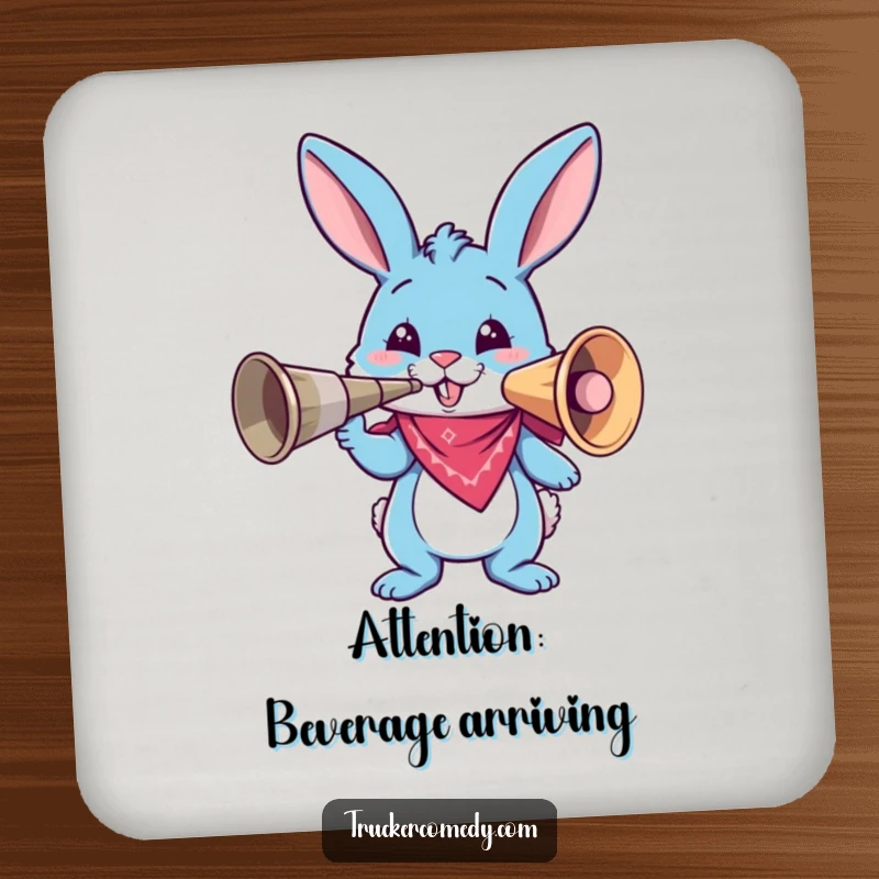 Funny blue bunny in bandana honking a giant air horn on a drink coaster, adding a humorous splash to beverage service.