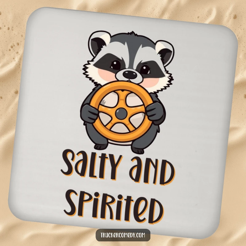 Funny badger coaster, confidently gripping a pretzel steering wheel. Protects surfaces with humor and determination.
