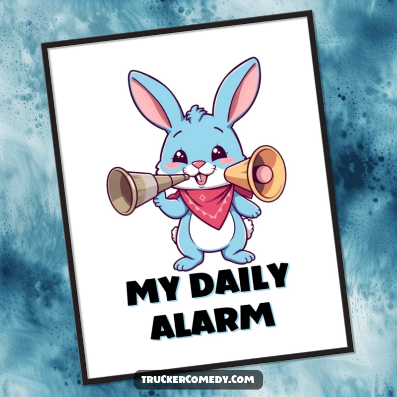 Funny blue bunny wearing a bandana, honking a comically large air horn in a dynamic pose on a poster, creating a humorous visual.