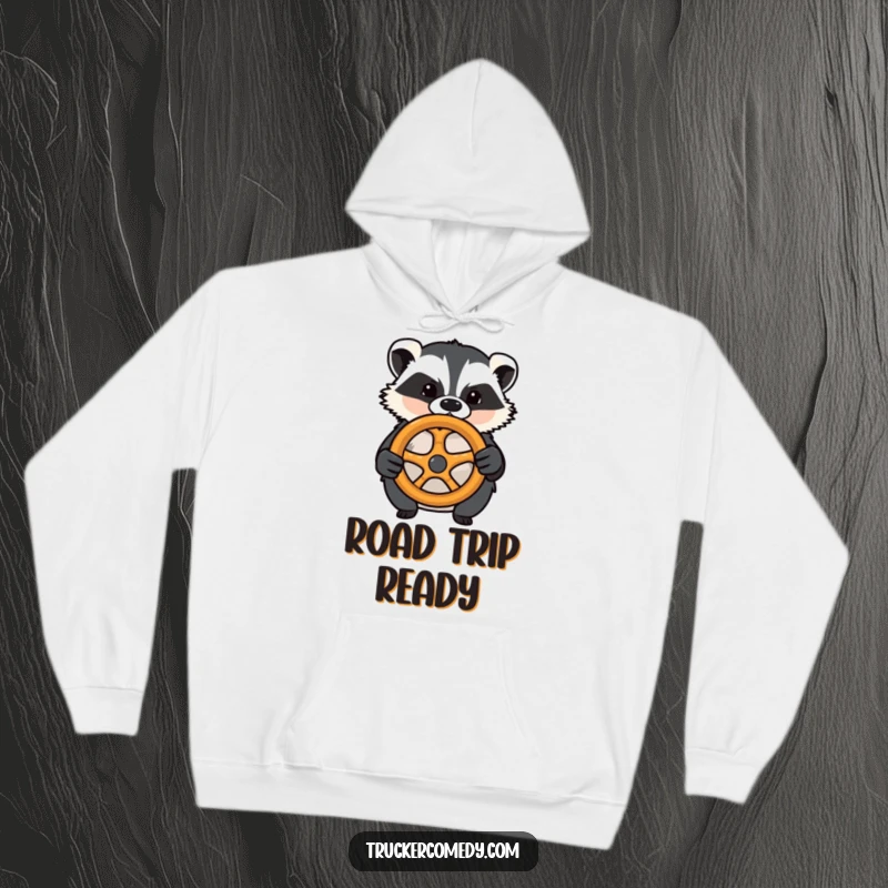 Funny badger hoodie, confidently steering with a pretzel wheel. Cozy and full of humorous determination.
