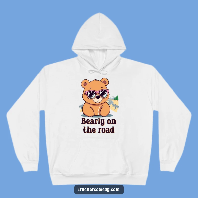 Funny Bear Driving Hoodie: Cozy wear with cool sunglasses and road graphic, ideal funny gift.