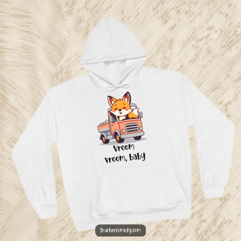 Funny fox hoodie, cheerfully waving from the cab of a colorful truck. Cozy and full of playful spirit.