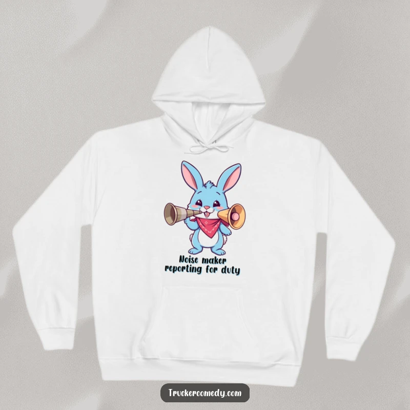 Funny blue bunny wearing a bandana, honking a comically large air horn on a cozy hoodie, creating a humorous, attention-grabbing look.