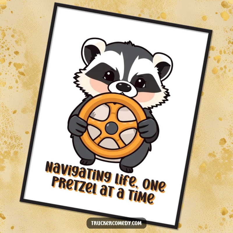 Funny Free Printable Wall Art: A determined badger confidently gripping a steering wheel cleverly made from a giant pretzel.