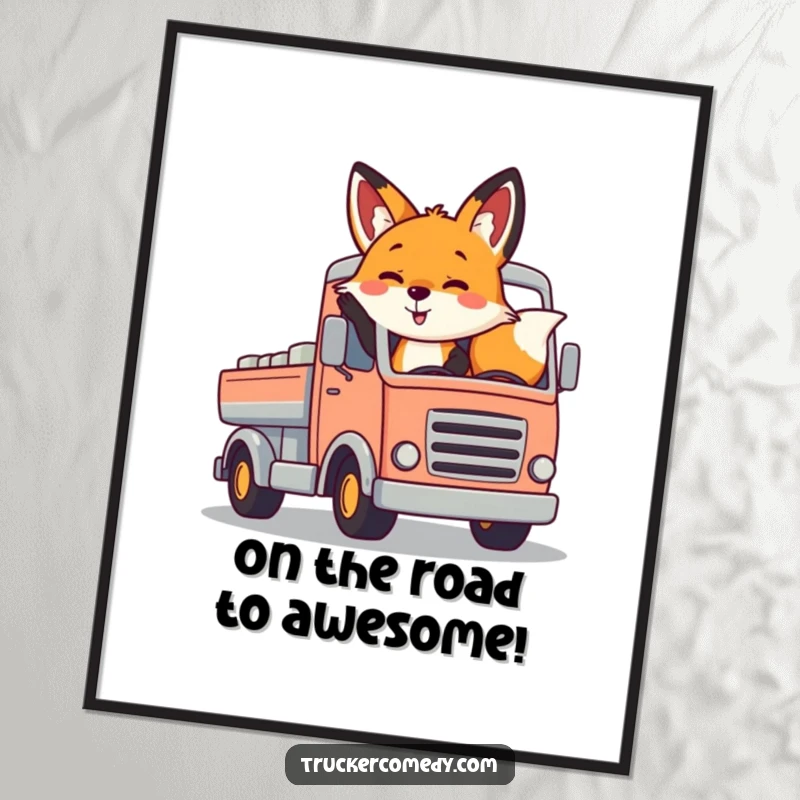 Funny Free Printable Wall Art: A cheerful fox playfully waving from the cab of a stylized, colorful truck, ready for a happy drive.