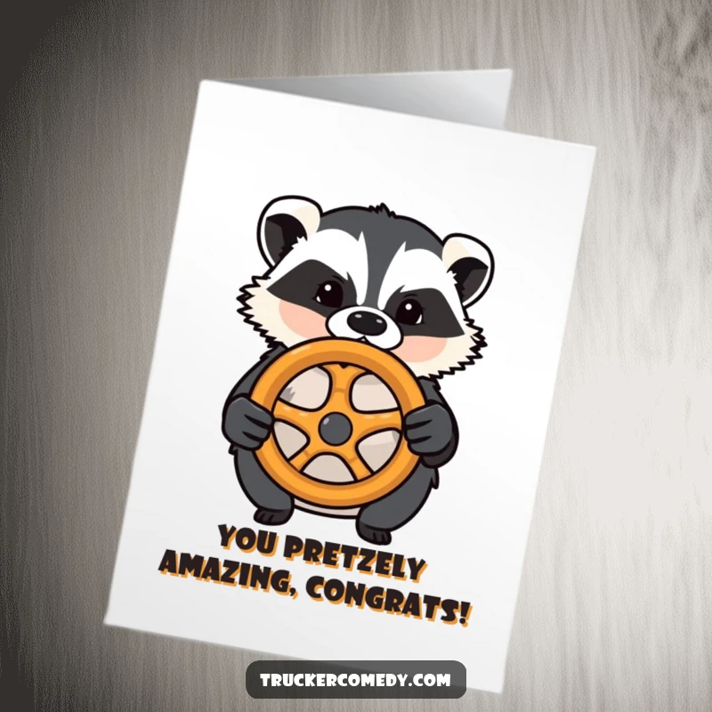 Funny Free Printable Congratulations Card: A determined badger confidently grips a pretzel steering wheel, ready for any road ahead.