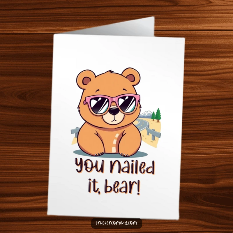 Funny Free Printable Congratulations Card: Bear in sunglasses gives a thumbs up on a winding road journey.
