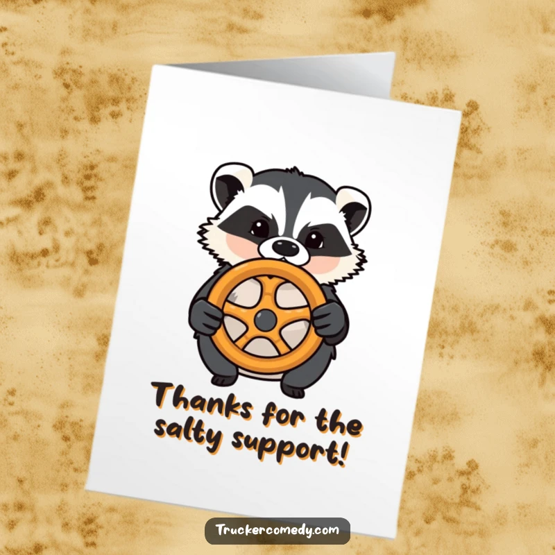 Funny Free Printable Thank You Card: A determined badger grips a pretzel steering wheel, thanking you for the ride.