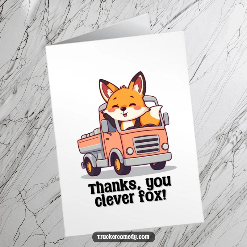 Funny Free Printable Thank You Card: A cheerful fox waves from a colorful truck, expressing thanks for a great ride.