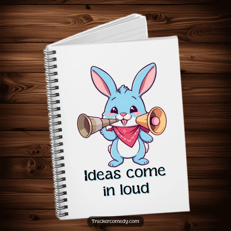 Funny blue bunny in bandana holding a giant air horn on a notebook cover, inspiring loud ideas and comical notes.