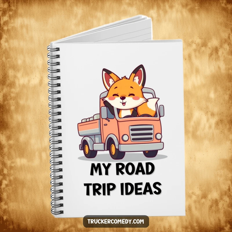 Funny fox notebook, playfully waving from a stylized, colorful truck. Ideal for notes and cheerful thoughts.