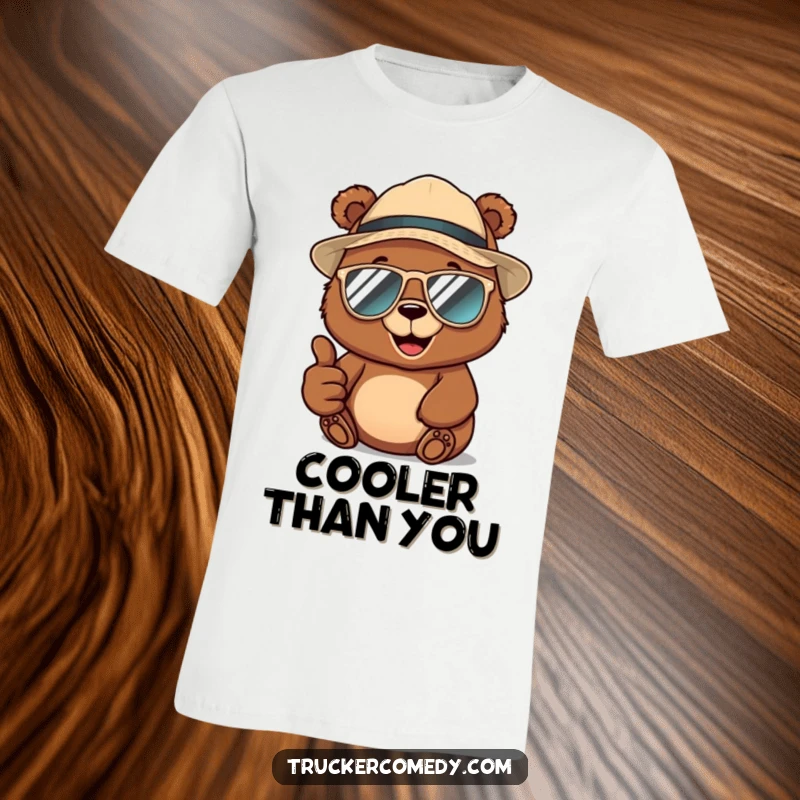 Funny brown bear in a trucker hat and aviator sunglasses, giving a thumbs-up, on a humorous t-shirt, representing laid-back style.