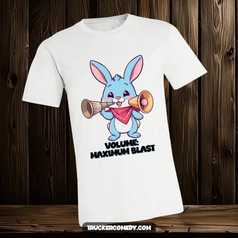 Funny blue bunny with bandana blasting a huge air horn on a t-shirt, symbolizing loud fun and surprising moments.