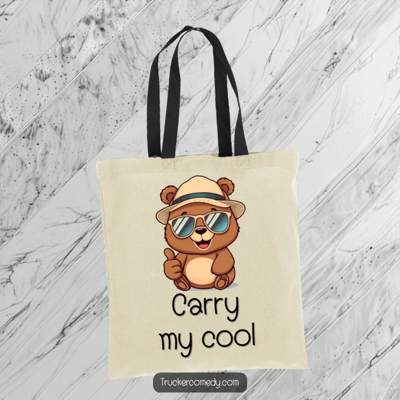 Funny brown bear wearing a trucker hat and aviator sunglasses, giving a thumbs-up, on a durable tote bag for stylish carrying.