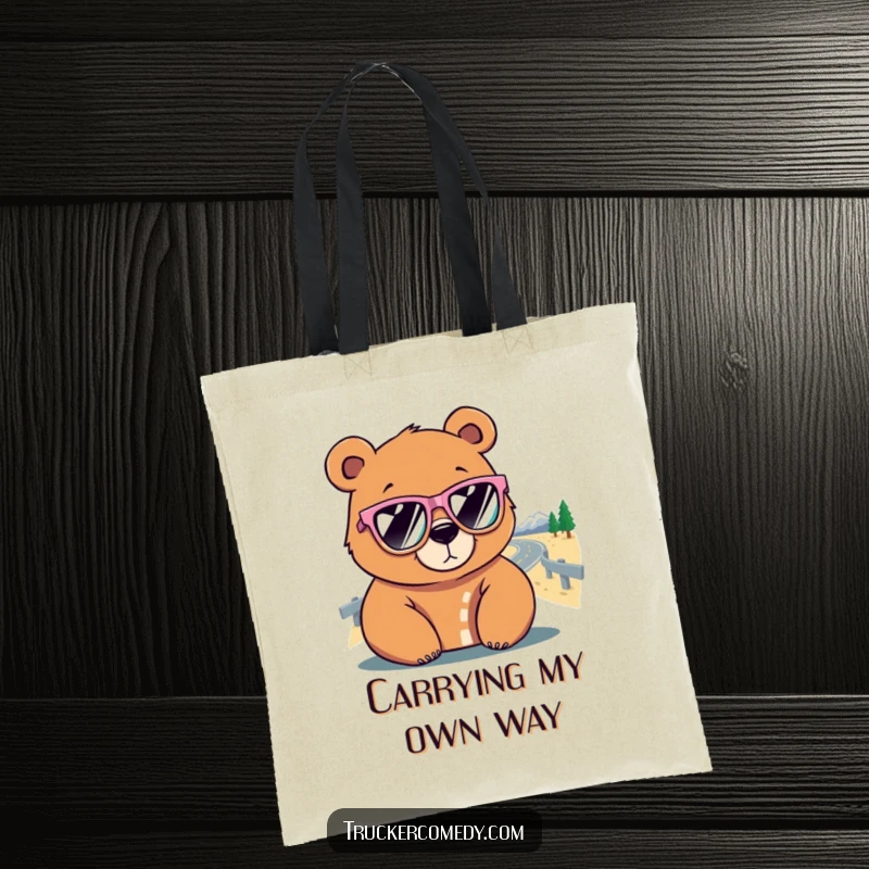 Funny Bear Tote Bag: A bear in oversized sunglasses looks at a winding road, a humorous and practical accessory.