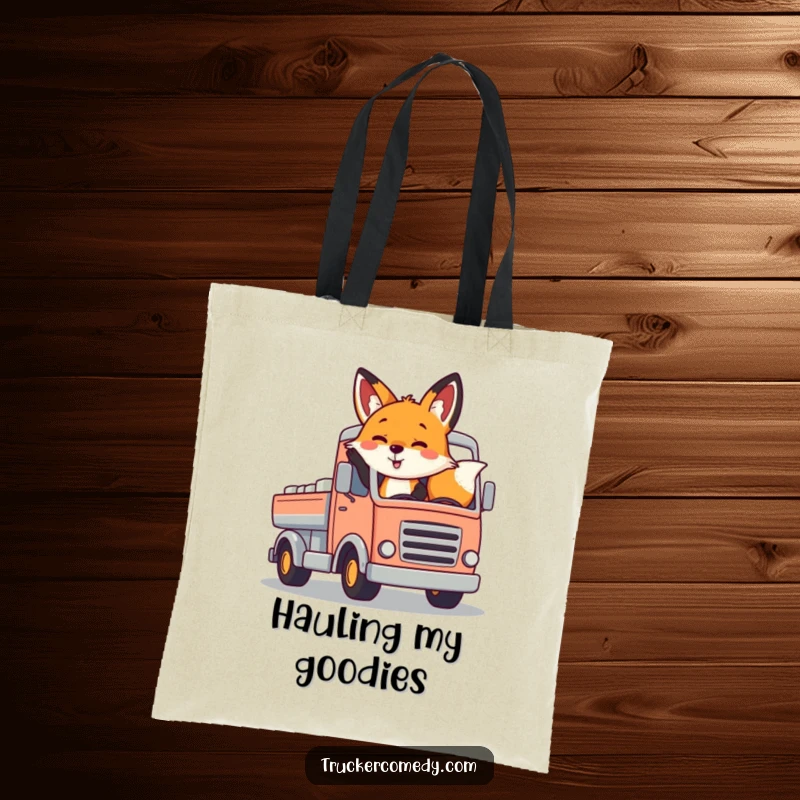 Funny fox tote bag, playfully waving from a stylized, colorful truck cab. A charming, humorous accessory.