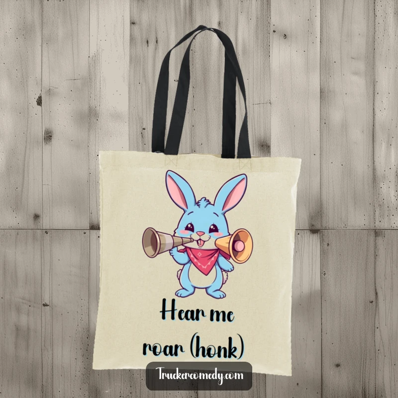 Funny blue bunny in bandana holding a giant air horn on a tote bag, ready to carry anything with a loud, comical flair.