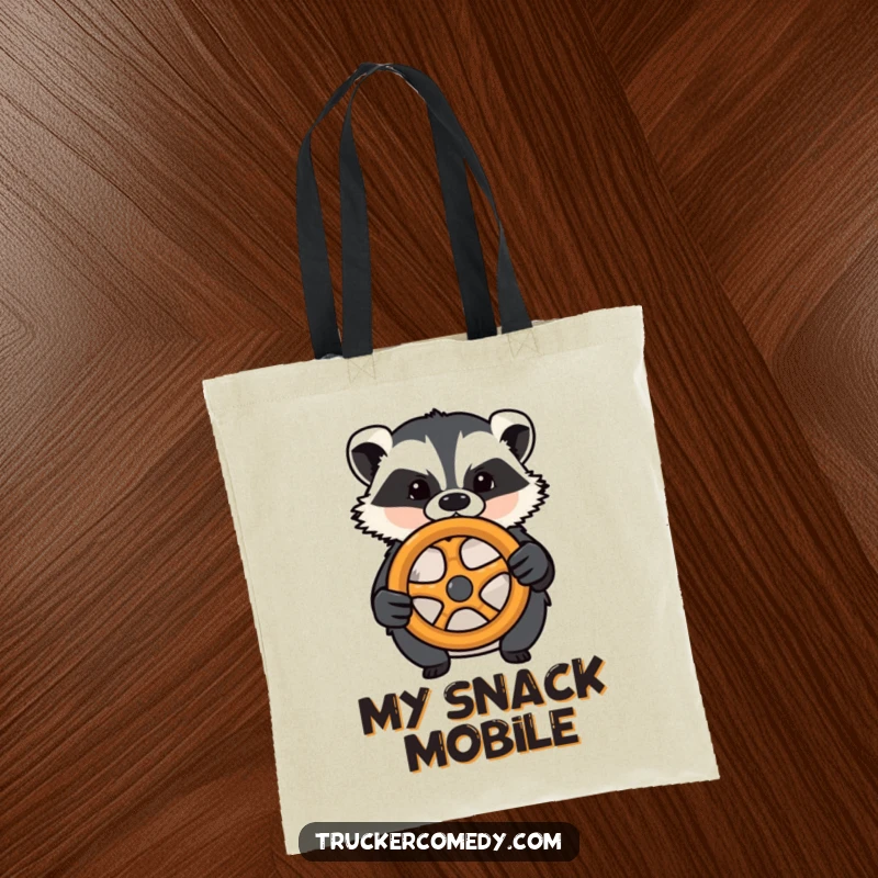 Funny badger tote bag, confidently gripping a pretzel steering wheel. A humorous and functional accessory.